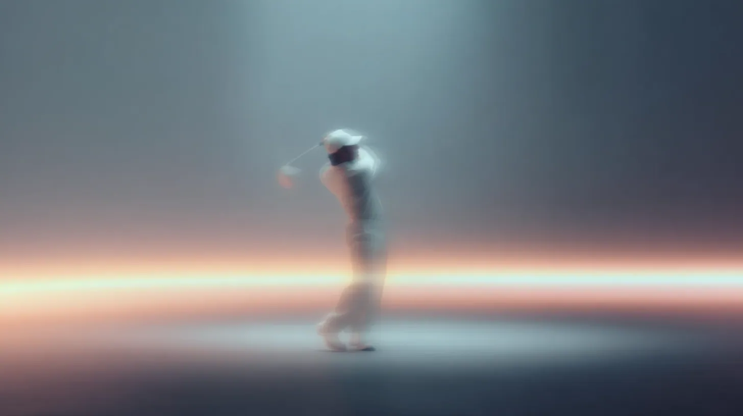 A golfer mid-swing under an overhead spotlight in a dark studio.