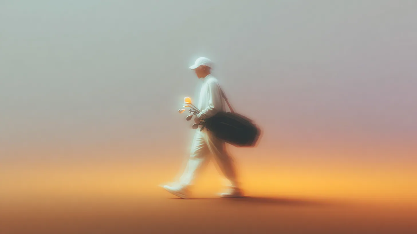 A golfer walks the fairway at first light, bag on the shoulder.